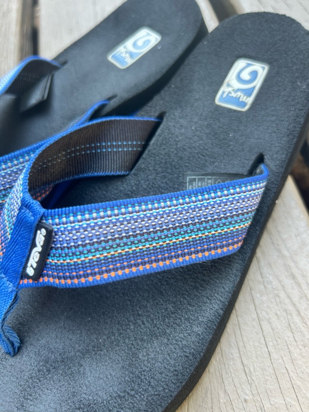 Teva Black Footbed Sandals w/ Royal Blue Multicolor Striped Webbing | US 7 EU 38